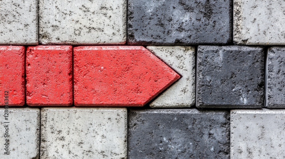 Poster close-up view of a patterned pavement with colorful bricks arranged in a directional arrow