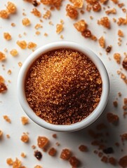 Brown sugar granules in white bowl on white surface with scattered crystals