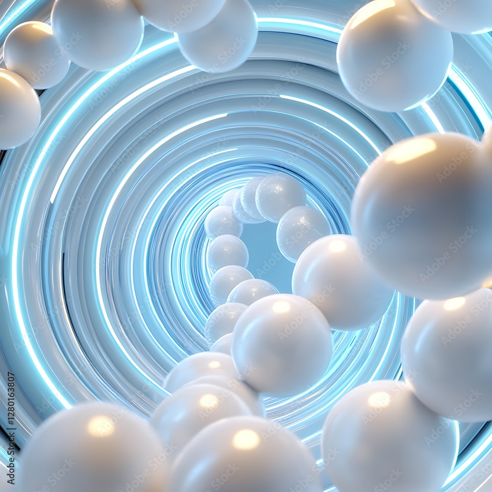 Aufkleber abstract 3d rendering of white spheres floating within a swirling, luminous blue neon tunnel. the sp