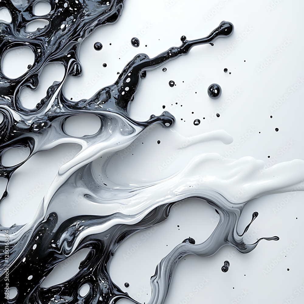 Poster abstract image of black and white liquid swirls and splashes on a white background. the dynamic form