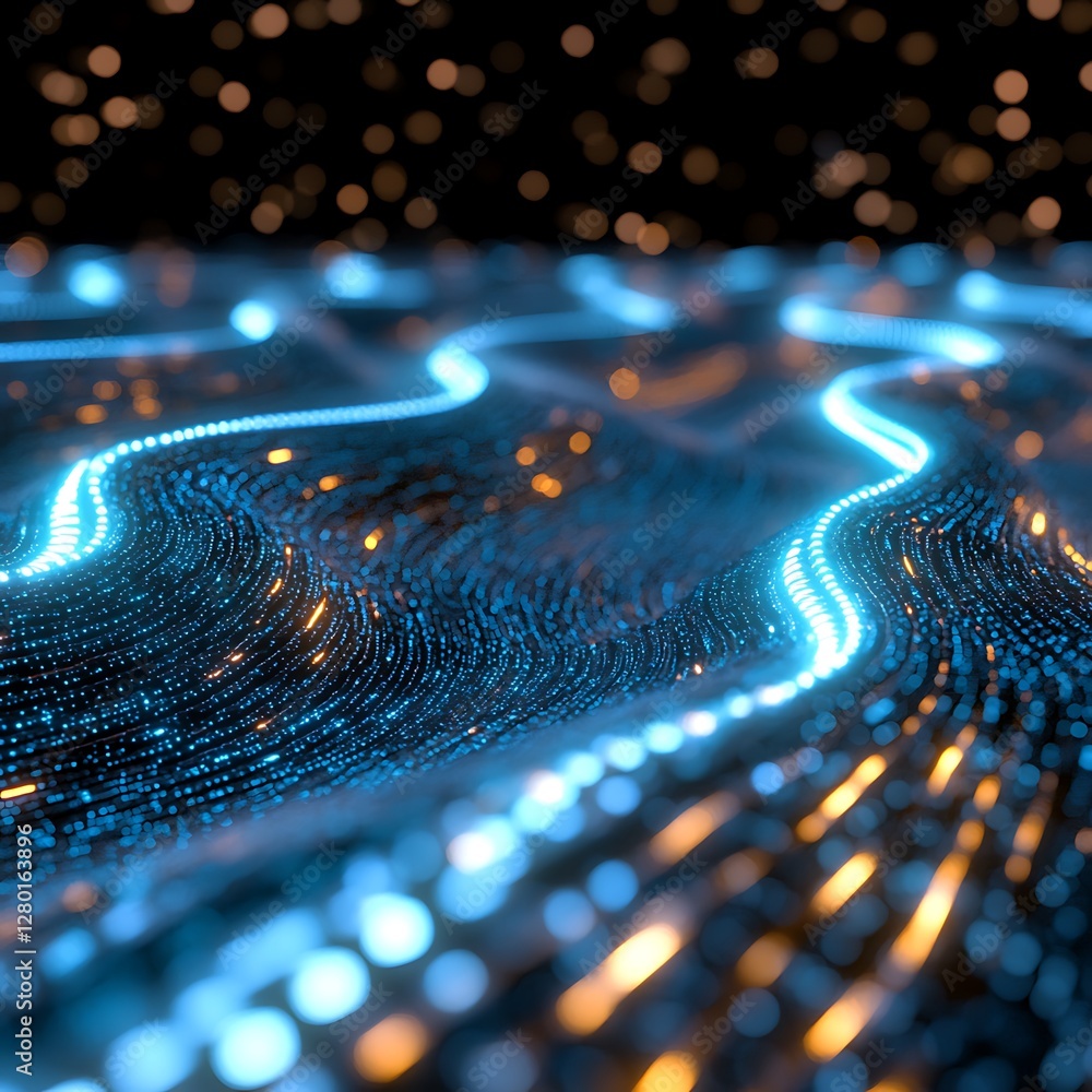 Poster abstract rendering featuring a wavy, undulating surface composed of tiny, glowing blue and gold dots