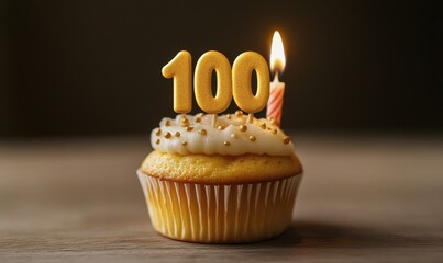 Golden cupcake topped with frosting, sprinkles, and candles, celebrating a hundred, perfect for birthday or milestone occasions, warm lighting and inviting scene