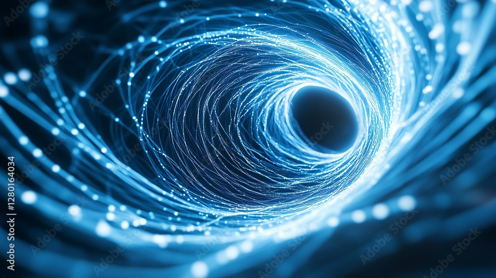 Poster abstract digital art depicting a swirling vortex of blue light and particles, creating a dynamic and