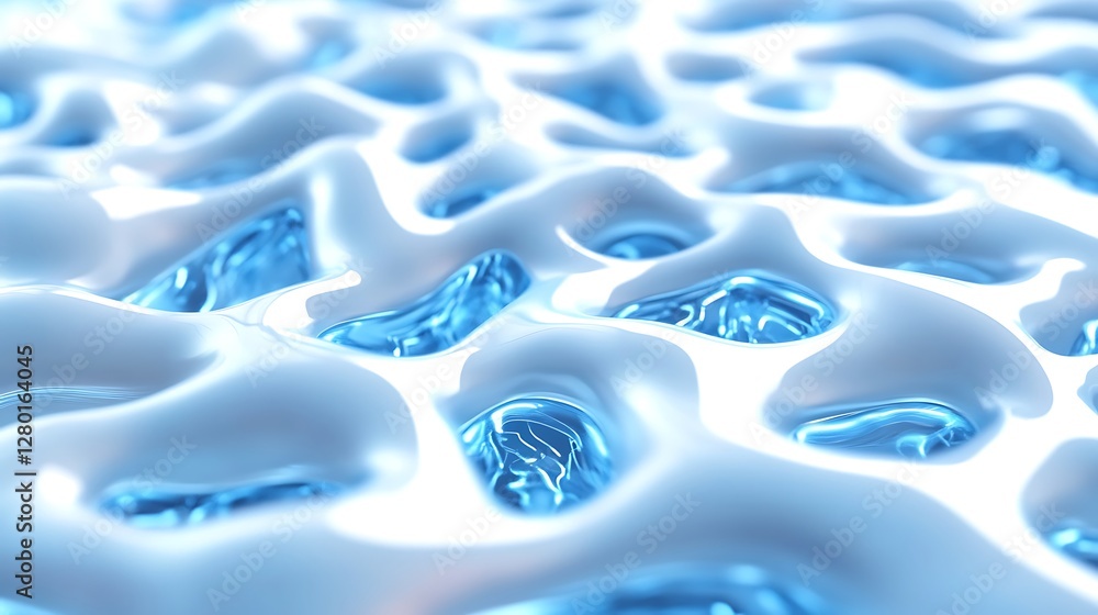 Poster abstract close up of a textured surface with flowing, light blue liquid elements on a white backgrou