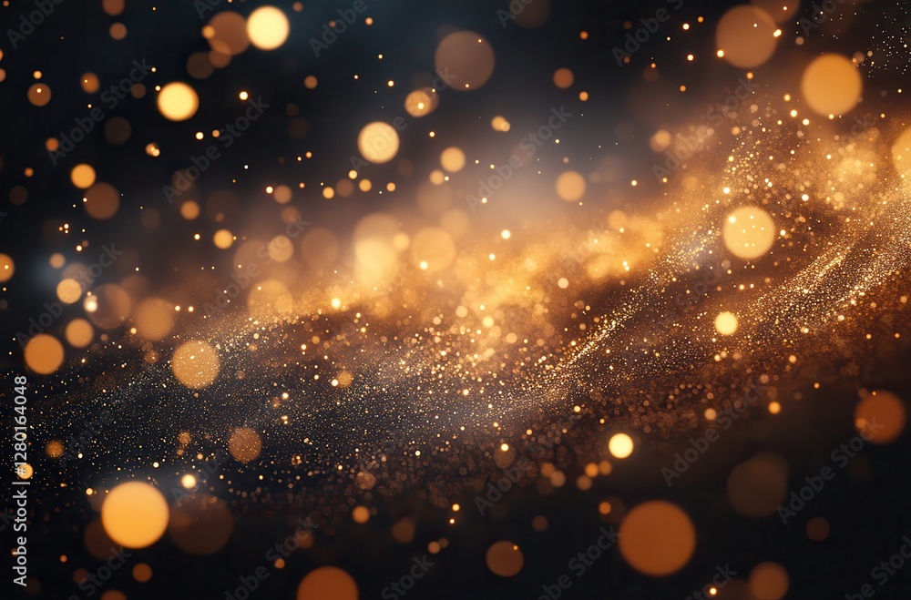 Poster golden dust particles in a beautiful bokeh effect with sparkling glitter on a dark background, ideal