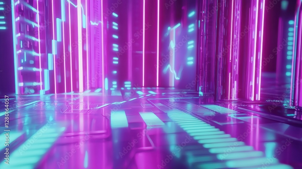 Fototapete A neon-lit cyber background featuring a sharp, declining graph with digital distortion and space for professional content.