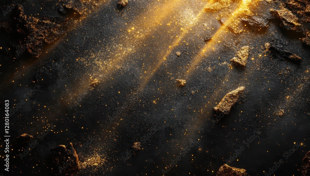 Poster Golden Dust Particles and Sparkles with Dark Background and Light Rays Illuminating Glittering Texture in Abstract Artistic Composition