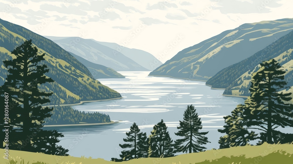 Poster pixelated river between mountain range landscape with forest trees nostalgic retro game style nature
