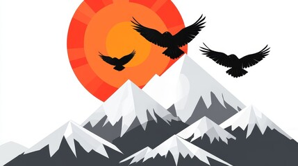 Fototapeta premium Pixelated avian flight over snowy peaks at sunset evokes retro digital art with stylized mountain ranges and minimalist bird silhouette