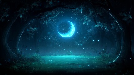Obraz premium Serene nightscape with glowing crescent moon and starry field of light a tranquil ethereal scene for wallpapers or creative concepts
