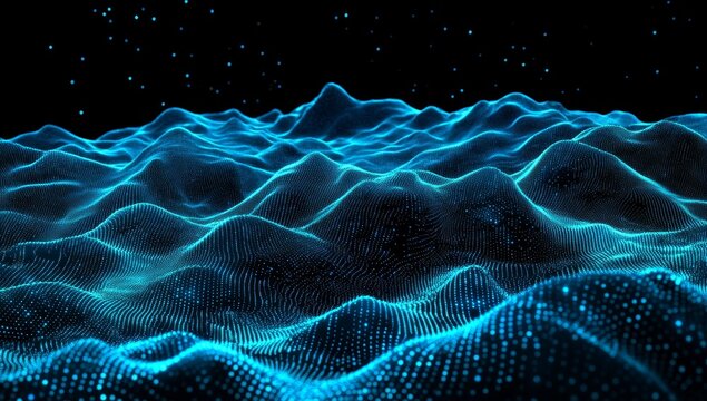 Abstract digital landscape, glowing blue, dotted particles, starry night sky.  Use background, graphic design