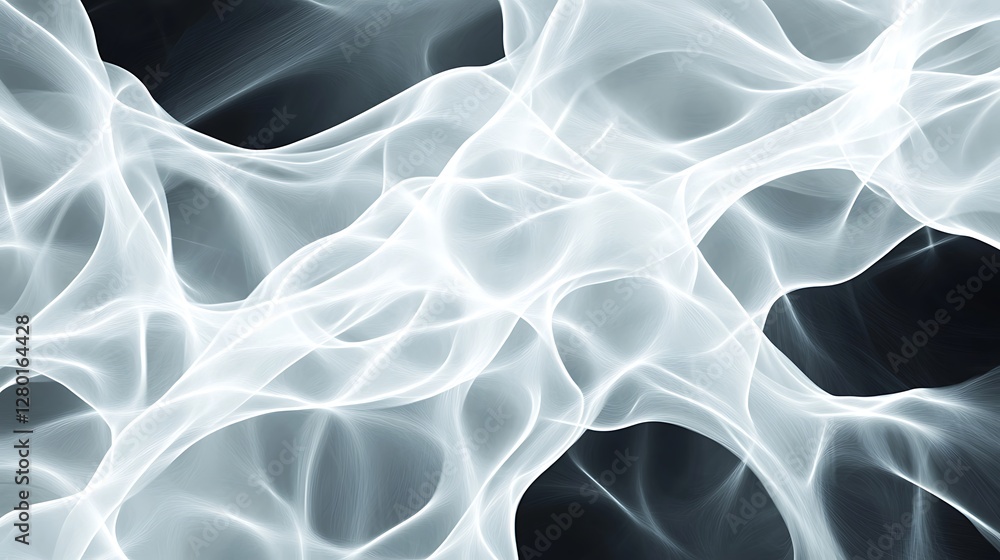 Poster abstract grayscale image featuring flowing, translucent forms reminiscent of smoke or nebulae. the f