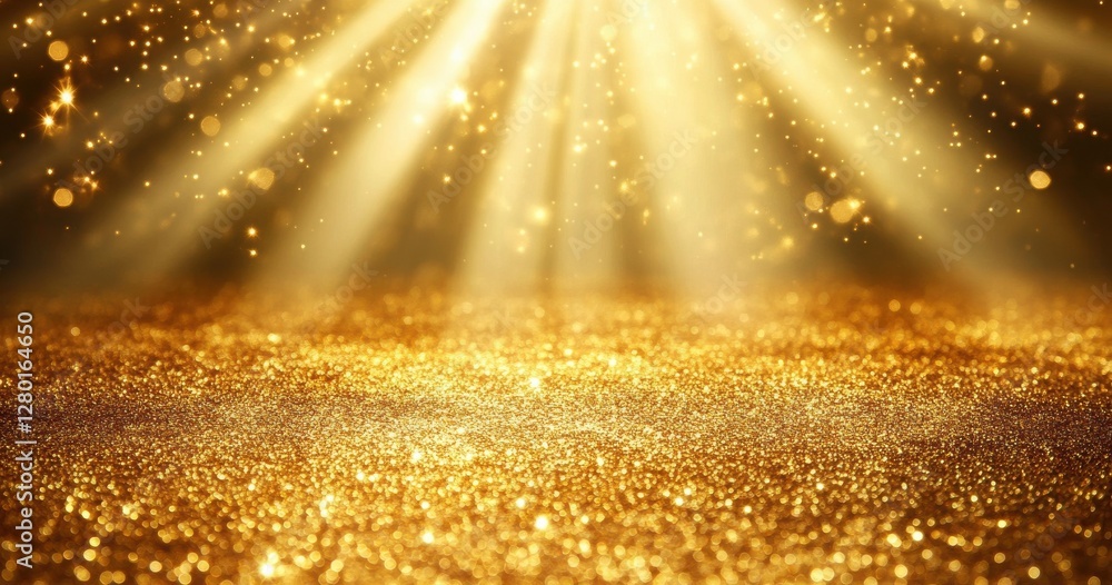 Poster golden glittering background with rays of light shining through sparkling particles in a dreamy atmo