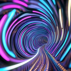 Abstract rendering of a swirling tunnel with vibrant neon lights of blue, pink, and yellow converging towards a central vanishing point. The perspective draws the eye inward, creating a sense of