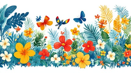 Obraz premium Floral and Butterflies Watercolor Seamless Pattern, Vibrant Tropical Garden with Exotic Blooms and Cute Insects for Fabric Prints and Wallpapers