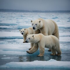Obraz premium A polar bear with her cubs walking on icy terrain.
