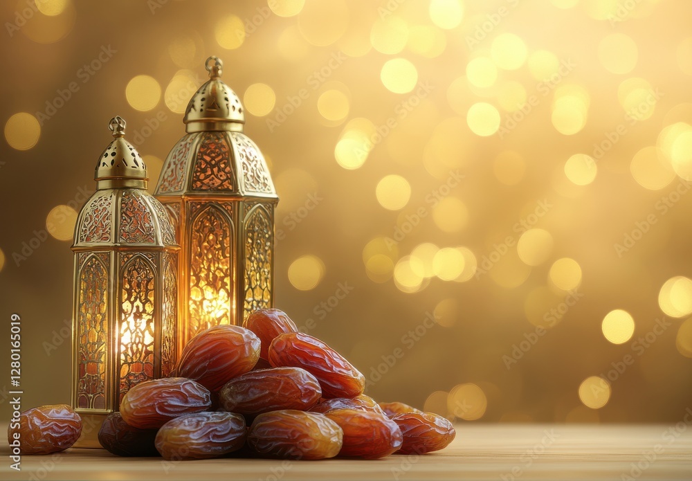 Aufkleber golden lanterns with warm glow and fresh dates on table surrounded by soft bokeh lights for festive 