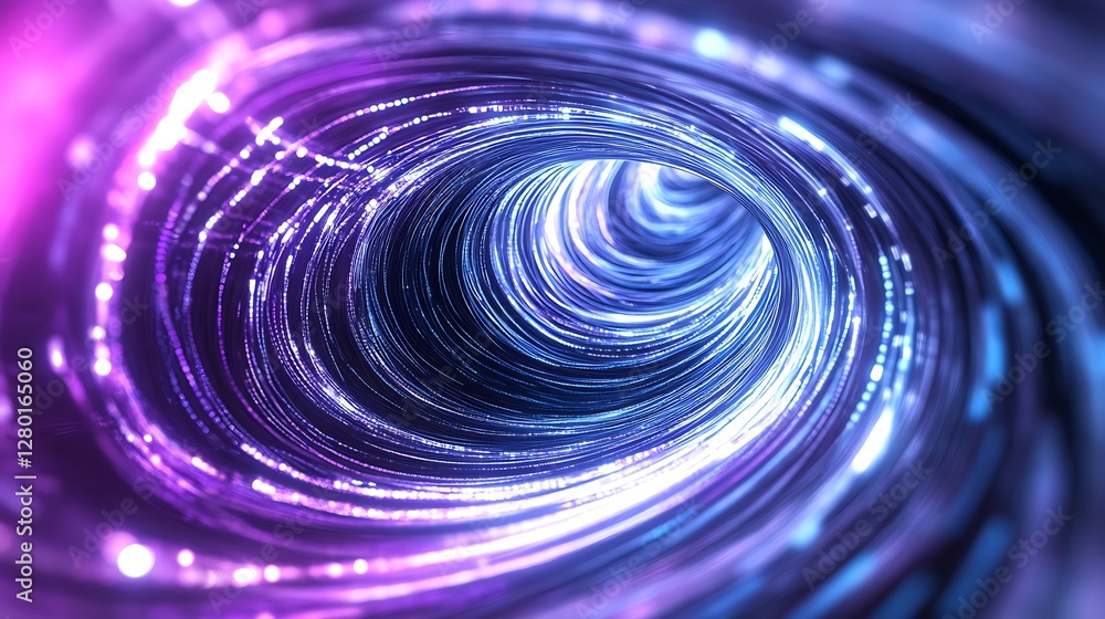 Poster abstract swirling vortex of purple and blue light, glowing particles and energy, creating a dynamic 
