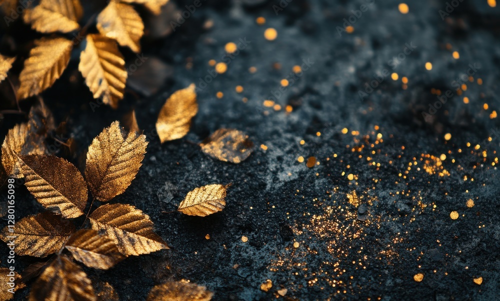 Poster golden leaves on dark textured surface with sparkling glitters creating a beautiful autumn-inspired 