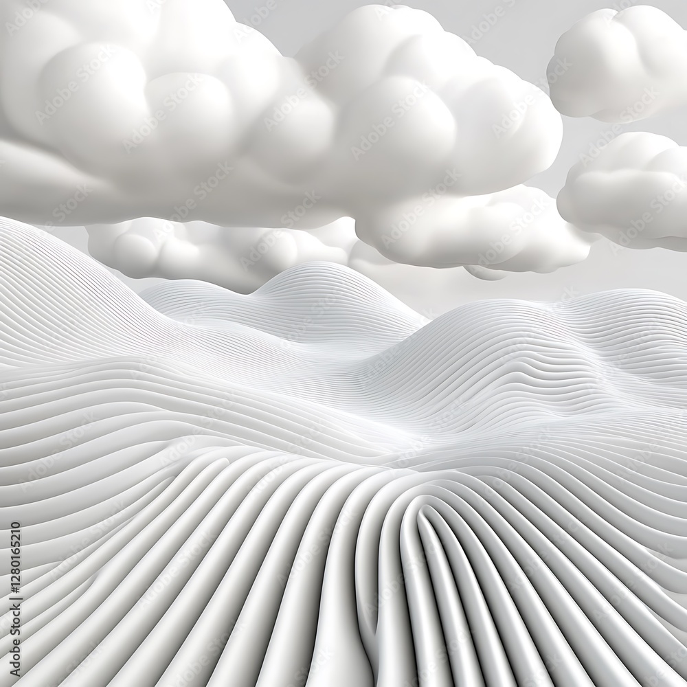 Poster abstract 3d rendering of a white landscape with stylized hills and clouds. the image features a mono