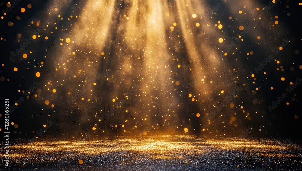 Poster golden light rays shining through the air with sparkling particles creating a magical and festive at