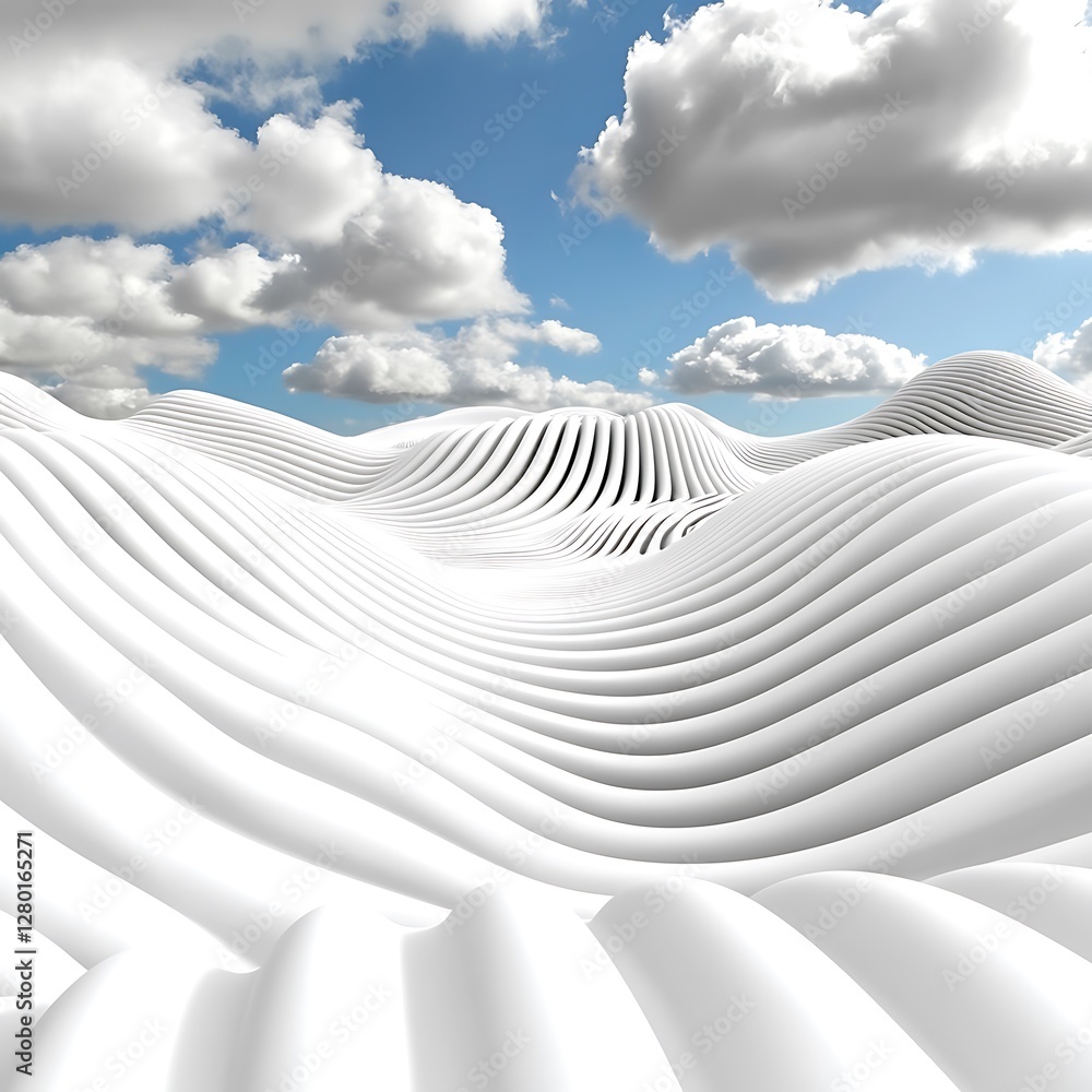 Aufkleber abstract 3d rendering of a white landscape with undulating hills and clouds in a bright blue sky. th