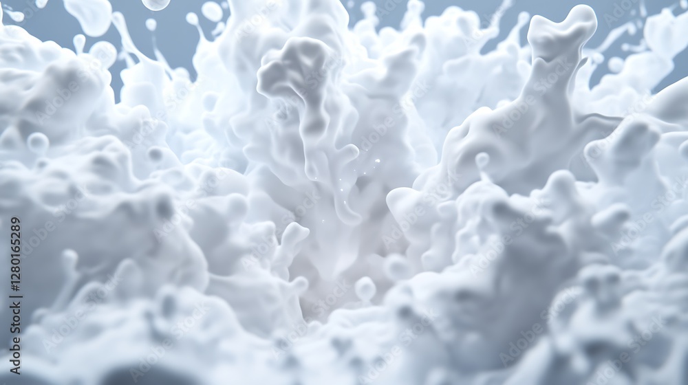 Poster abstract image of a white liquid splashing and exploding against a light gray background. the liquid