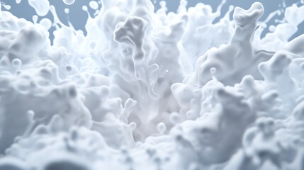 Abstract image of a white liquid splashing and exploding against a light gray background. The liquid is dynamic, creating a chaotic yet visually appealing composition. The overall mood is energetic