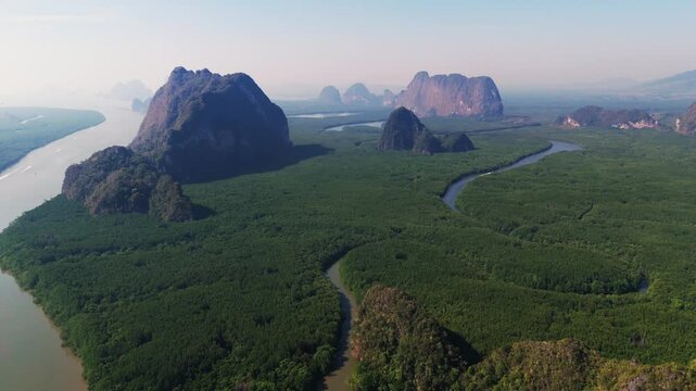 Aerial Ao Phang Nga National Park, Southern Thailand scenic limestone mountains and forest, James Bond island Krabi and Phuket 