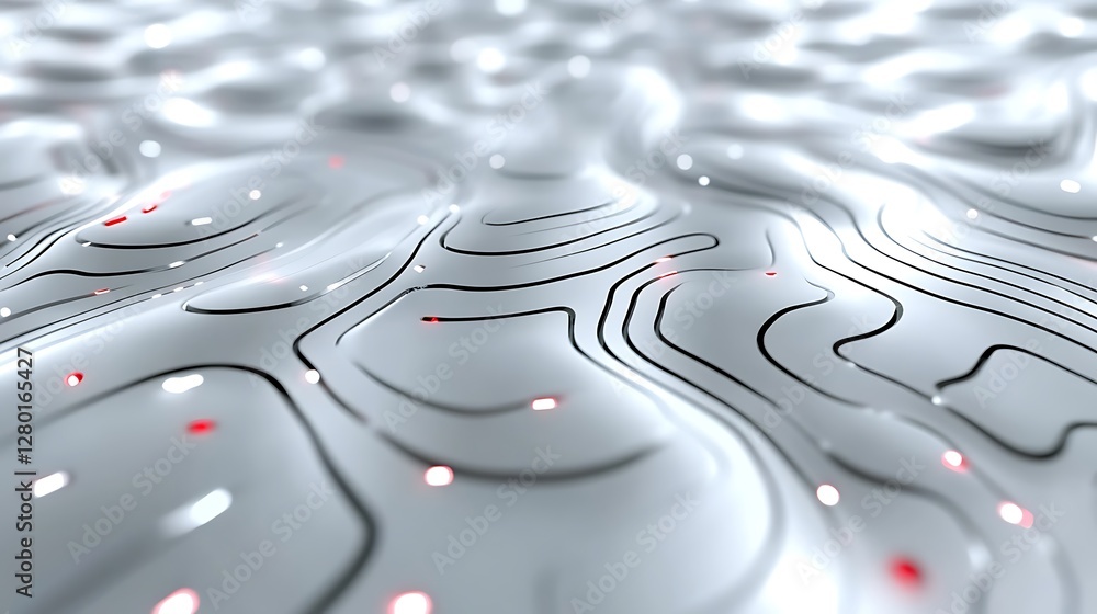 Poster abstract white undulating surface with intricate line patterns and glowing dots