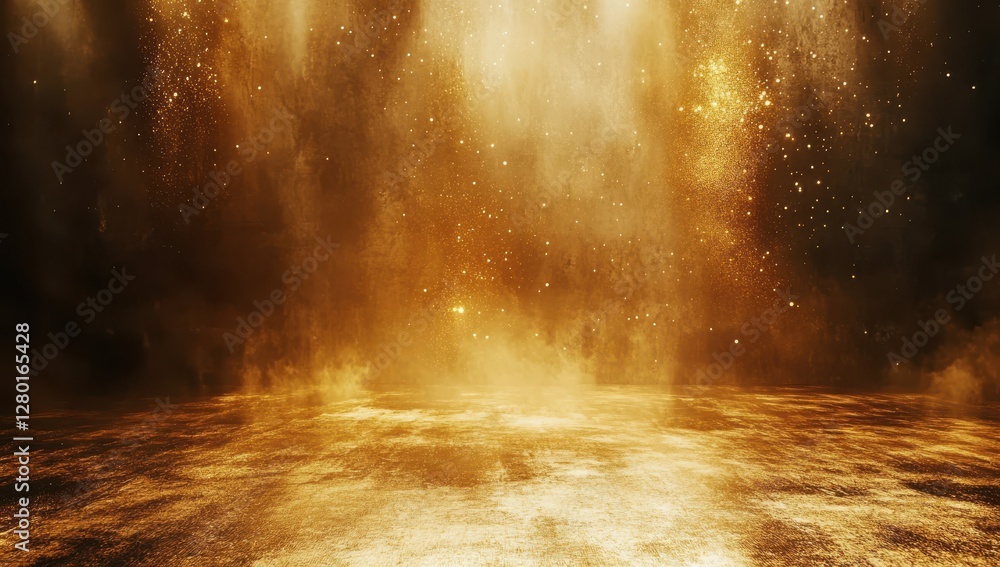 Poster golden light rays with sparkling stars over a shimmering surface in a mystical and dreamlike atmosph