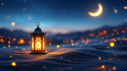Ramadan Kareem - Arabic Lantern At Night In desert With Crescent Moon And Magic Glittering - Eid Ul Fitr, background for islamic festival.