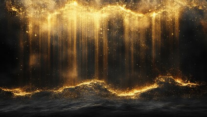 Golden Particles Cascade Over Dark Background in a Dreamy and Enchanting Scene of Sparkling Texture and Ethereal Light Effects