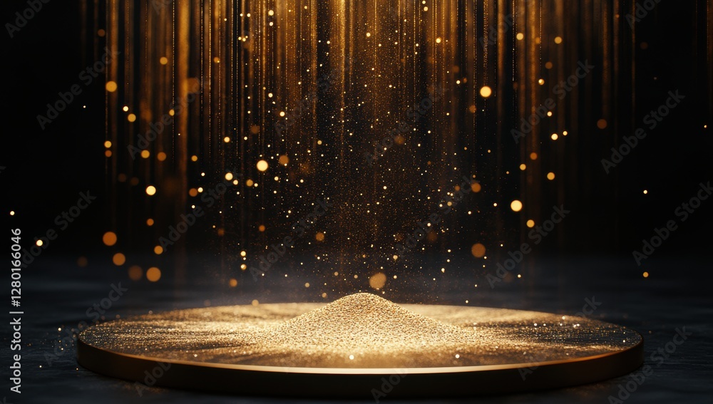 Poster golden particles falling gracefully on a circular surface creating a magical atmosphere of elegance 