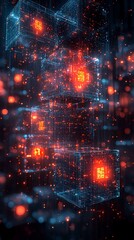 Fototapeta premium A digital cityscape of glowing cubes in a cyberpunk style with cinematic lighting