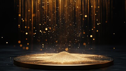 Golden Particles Falling Gracefully on a Circular Surface Creating a Magical Atmosphere of Elegance and Beauty in an Artistic Display of Light