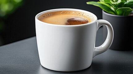Fototapeta premium Espresso coffee mug on table, plant background, cafe setting, menu image