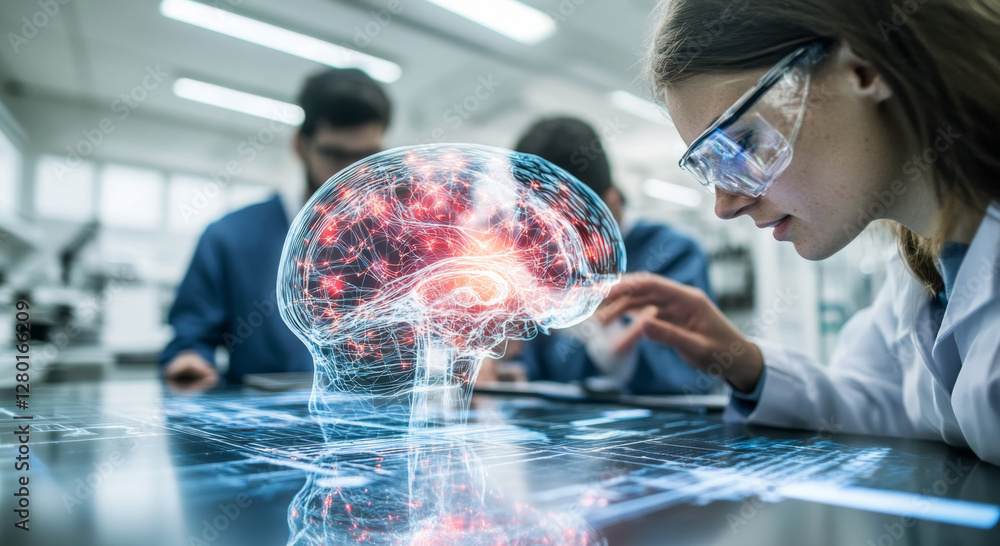 Aufkleber Interns engage in hands-on training with cutting-edge technology focused on brain science. They analyze digital brain models, enhancing their understanding of neurology in a modern laboratory.