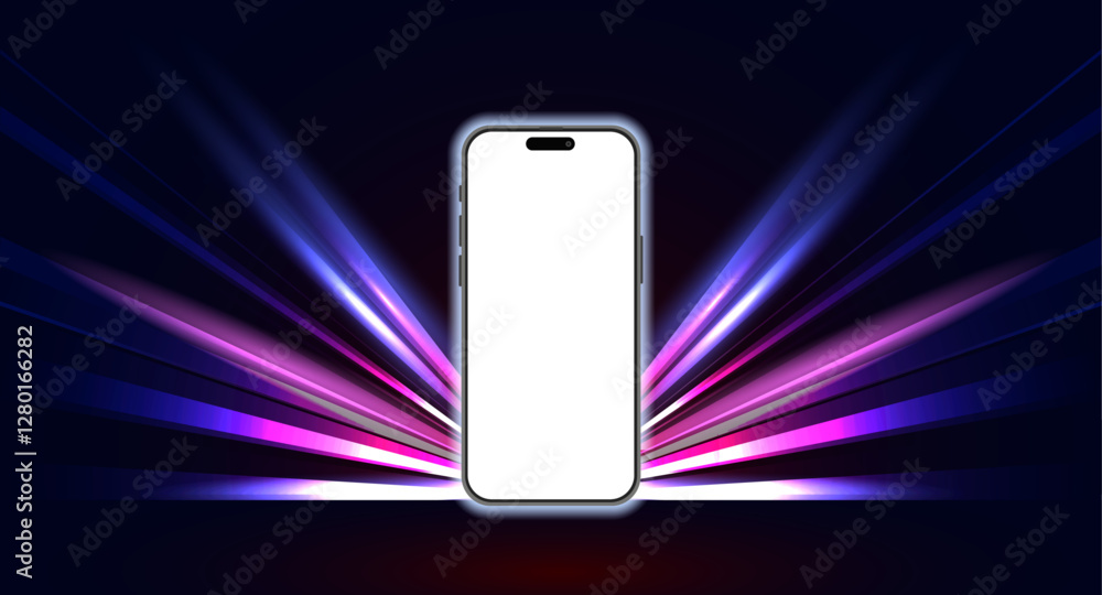 Poster smartphone mobile screen mockup on color line ray background - technology mobile display with light 
