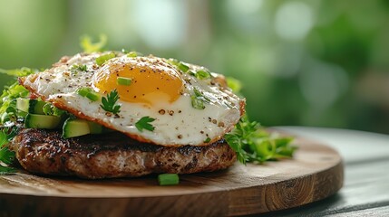 Sunny-side-up egg burger, outdoor setting