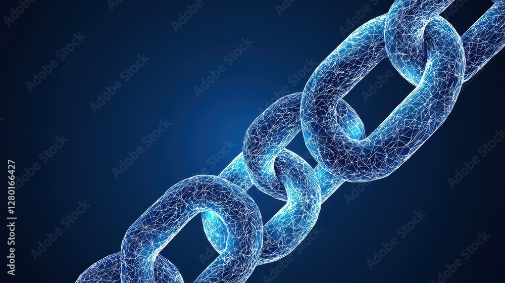 Poster a glowing digital chain link against a dark background, symbolizing connectivity, security, and tech