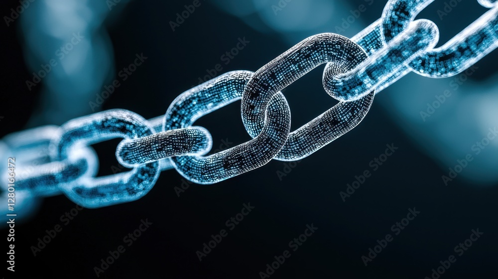 Poster A close-up view of a shiny, metallic chain link, highlighting its texture and reflections against a dark background.
