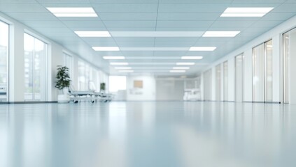 Hospital hallway interior, empty, daylight, modern design