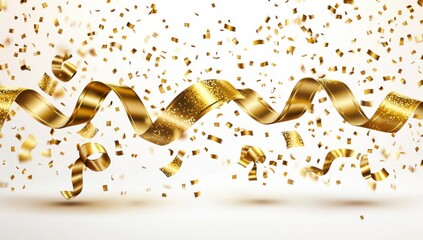 Fototapeta premium Golden ribbons and confetti floating in the air, creating a festive atmosphere for celebrations, parties, and special occasions with bright background