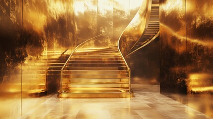 Golden spiral staircase in luxury interior, glowing walls
