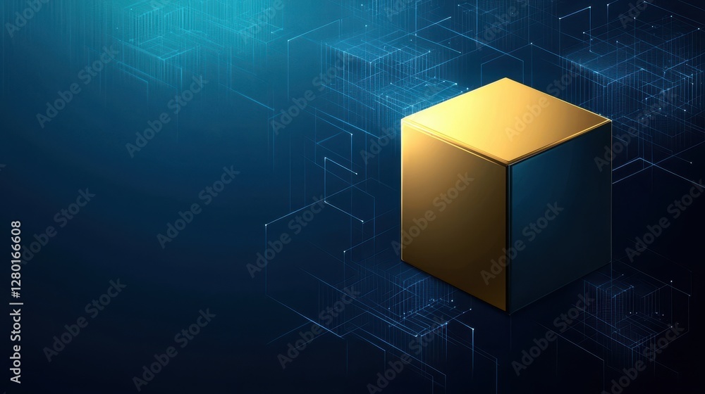 Poster a golden cube is centered against a dark, digital background, showcasing a blend of technology and m