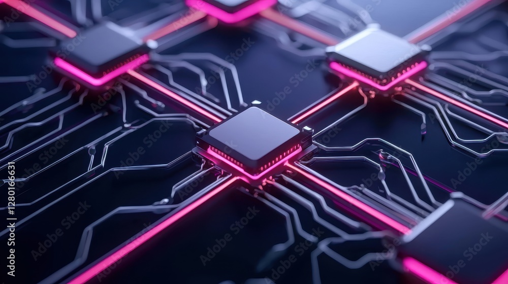 Poster a close-up view of interconnected microchips with glowing neon circuits, depicting a futuristic tech