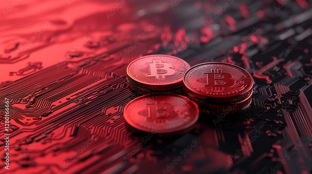 Aufkleber The image features three Bitcoin coins resting on a circuit board, illuminated with a red glow, symbolizing digital currency and technology.