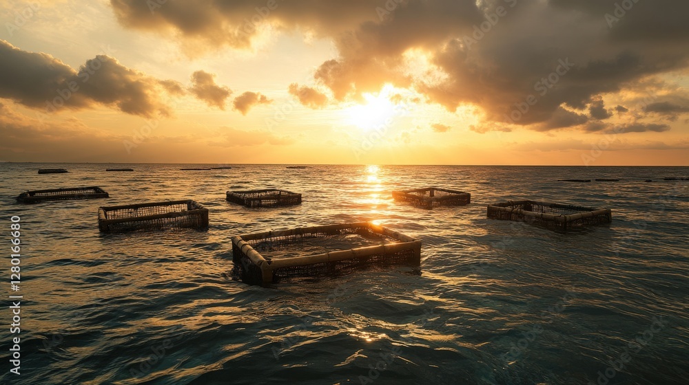 Poster serene sunset over ocean with floating structures, reflecting light and creating tranquility