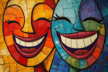 Two clowns painting a large canvas with colorful strokes in a joyful and whimsical fine art print.